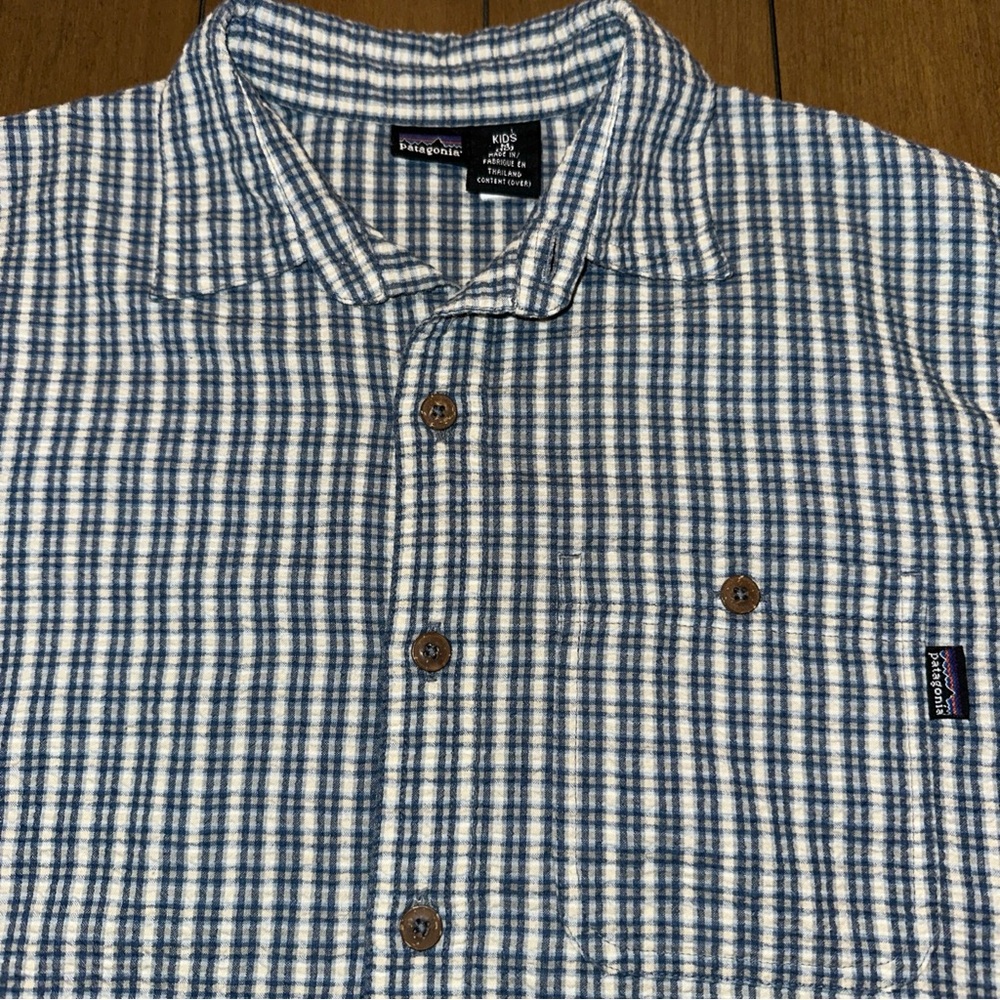 Patagonia Boys M(10) Plaid Shirt Sleeve Button Up Shirt Blue Seersucker Collared